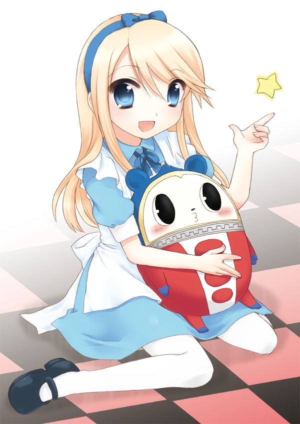 usashiro mani, alice (alice in wonderland), kuma (persona 4), alice's adventures in wonderland, atlus, original, persona, persona 4, bad id, bad pixiv id, 1boy, alice (alice in wonderland) (cosplay), black shoes, blonde hair, blue bow, blue dress, blue eyes, bow, cosplay, dress, hairband, male focus, mary janes, pantyhose, shoes, smile, solo, trap, white pantyhose
