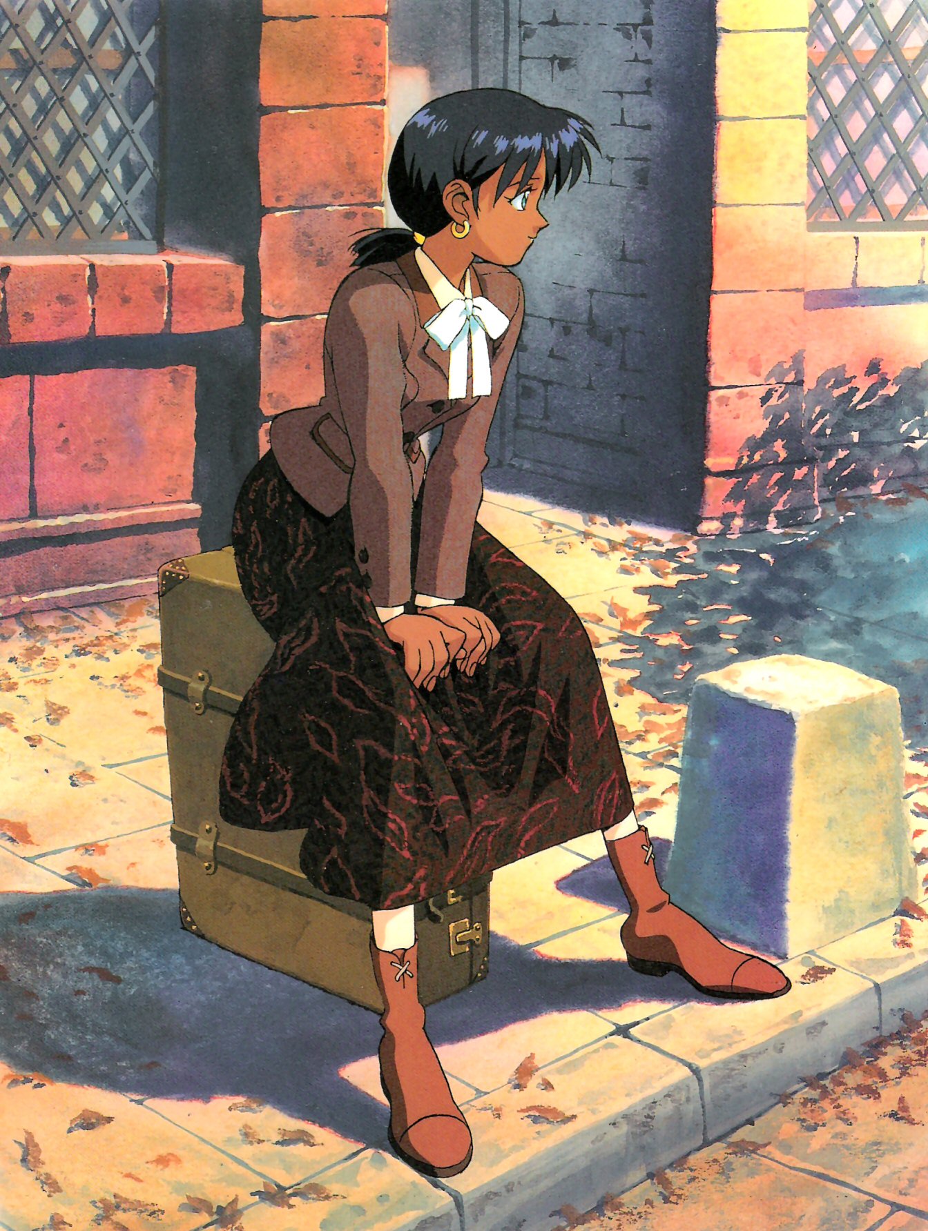 nadia la arwall, fushigi no umi no nadia, highres, 1990s (style), 1girl, black hair, blue eyes, boots, dark-skinned female, dark skin, earrings, female focus, full body, jacket, jewelry, outdoors, plant, ponytail, sidewalk, sitting, skirt, solo, suitcase