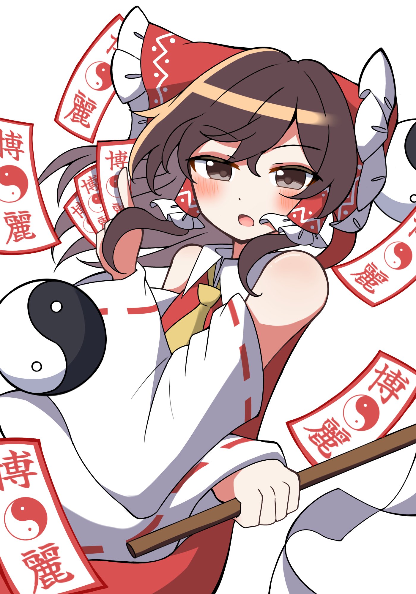 hakurei reimu, touhou, commentary, highres, 1girl, bagu (bagubagu cr7), bare shoulders, bow, brown eyes, brown hair, detached sleeves, frilled bow, frilled hair tubes, frills, gohei, hair bow, hair tubes, holding, holding gohei, holding ofuda, looking at viewer, nontraditional miko, ofuda, open mouth, red bow, red shirt, red skirt, ribbon-trimmed sleeves, ribbon trim, shirt, simple background, skirt, sleeveless, sleeveless shirt, solo, white background, yin yang
