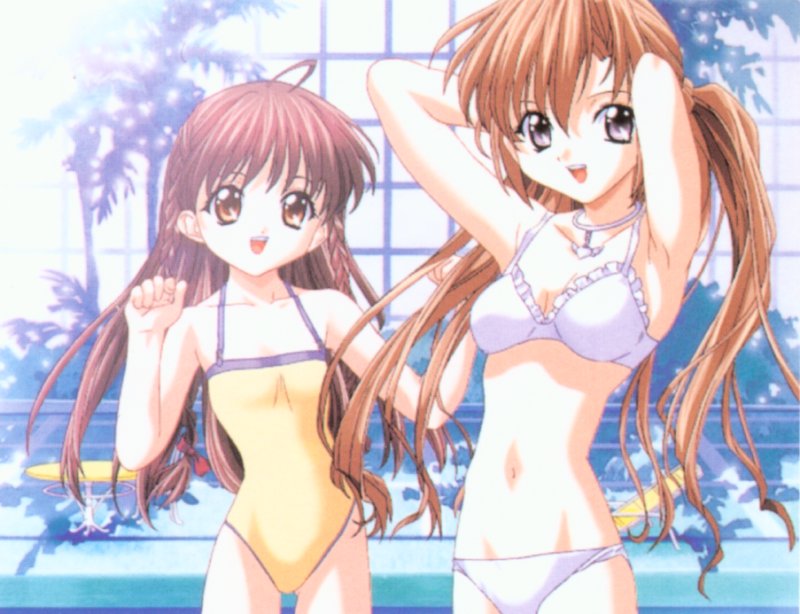 nagase yutaka, karen (sister princess), sakuya (sister princess), sister princess, game cg, non-web source, 00s, 2girls, arms up, bikini, braid, brown eyes, brown hair, long hair, multiple girls, purple eyes, swimsuit, twin braids, twintails