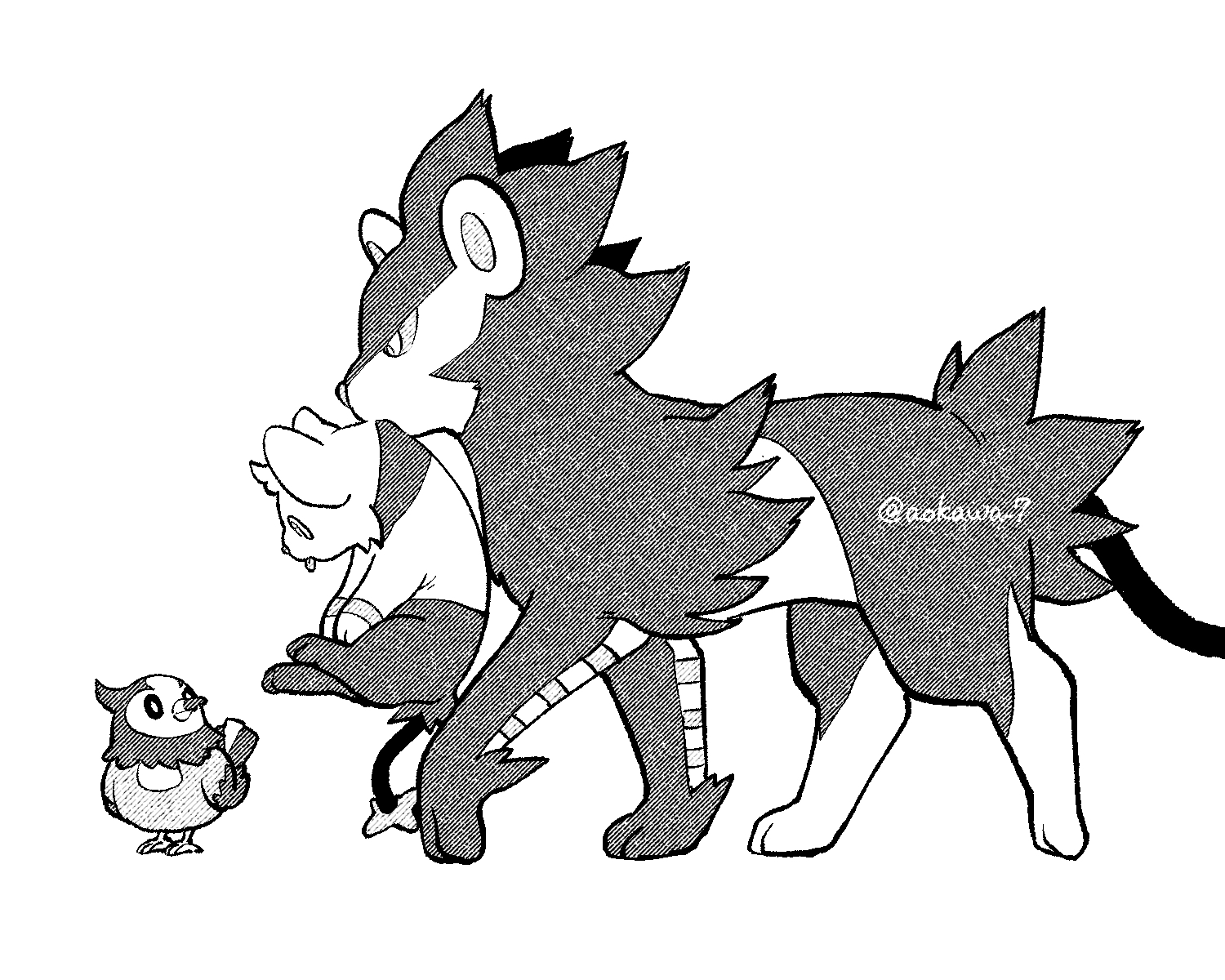 aokawa 7, luxray, shinx, starly, nintendo, pokemon, commentary request, highres, bird, body fur, closed mouth, eye contact, full body, gen 4 pokemon, holding, holding pokemon, looking at another, looking at viewer, mane, monochrome, no humans, pokemon (creature), pokemon focus, simple background, tail, tongue, tongue out, twitter username, watermark, white background, yawning