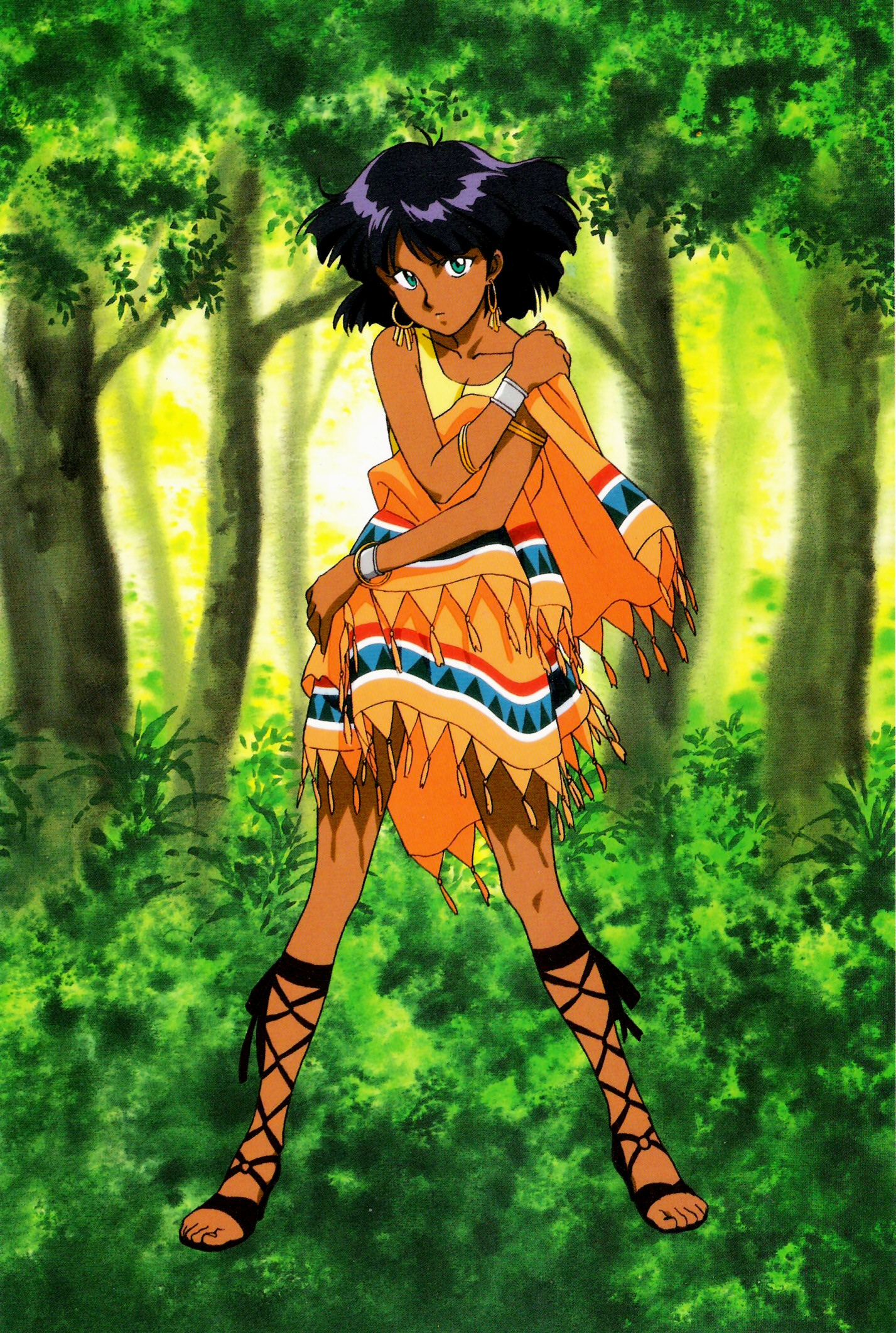 nadia la arwall, fushigi no umi no nadia, cross-laced footwear, highres, official art, 1990s (style), 1girl, dark-skinned female, dark skin, earrings, female focus, forest, full body, gladiator sandals, green eyes, jewelry, nature, outdoors, plant, retro artstyle, sandals, short hair, solo, toes