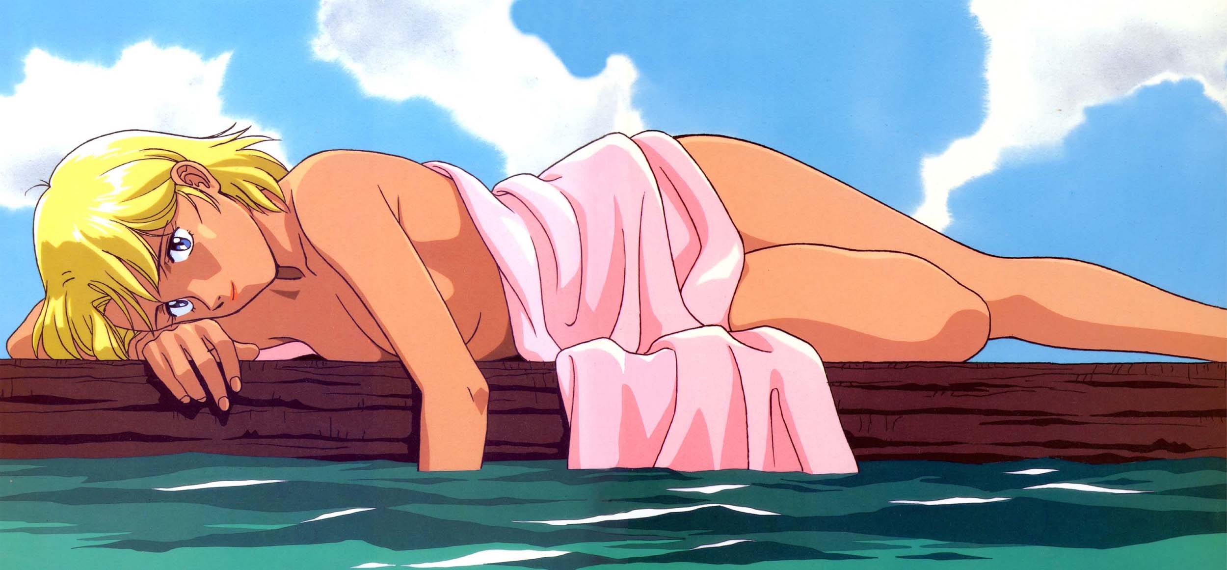 electra (nadia), fushigi no umi no nadia, highres, long image, wide image, 1990s (style), blonde hair, blue eyes, cloud, day, nude, retro artstyle, short hair, sky, solo, towel, water