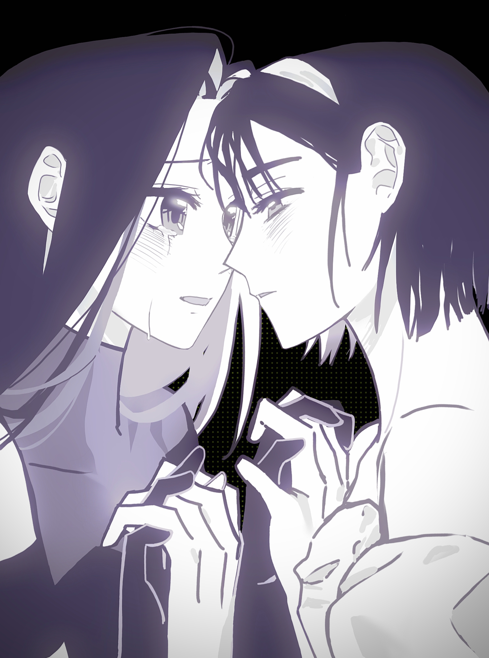 mizi (alien stage), sua (alien stage), alien stage, chinese commentary, commentary, highres, 2girls, black background, crying, greyscale, hairband, holding hands, long hair, looking at another, monochrome, multiple girls, neihaixun if, open mouth, short hair, tears, tears from one eye, yuri