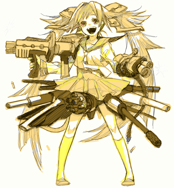 todoroki sora, original, bad id, bad pixiv id, 1girl, female focus, gun, monochrome, oekaki, sketch, skirt, solo, twintails, weapon, yellow theme