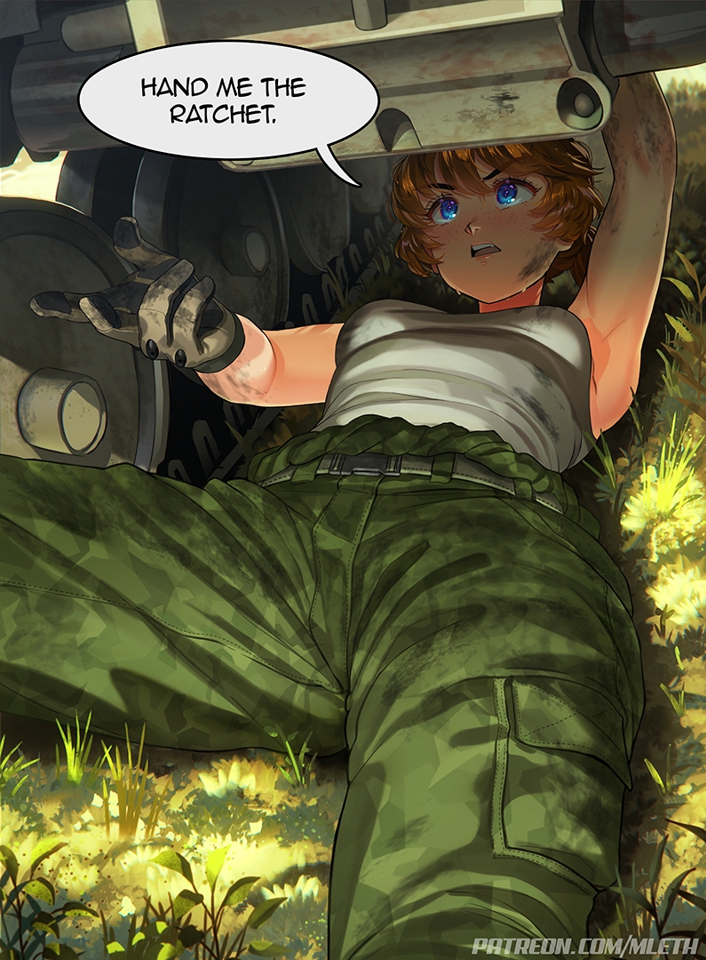 mleth, brooke (mleth), original, commentary, english commentary, 1girl, bare arms, belt, blue eyes, breasts, brown gloves, brown hair, camouflage, camouflage pants, cowboy shot, dirty, dirty face, dirty hands, english text, freckles, gloves, green pants, grey tank top, legs apart, looking up, lying, medium breasts, military combat uniform, military uniform, military vehicle, motor vehicle, on back, on grass, open mouth, pants, patreon username, ponytail, reaching, short hair, solo, speech bubble, sweat, tank, tank top, teeth, upper teeth only