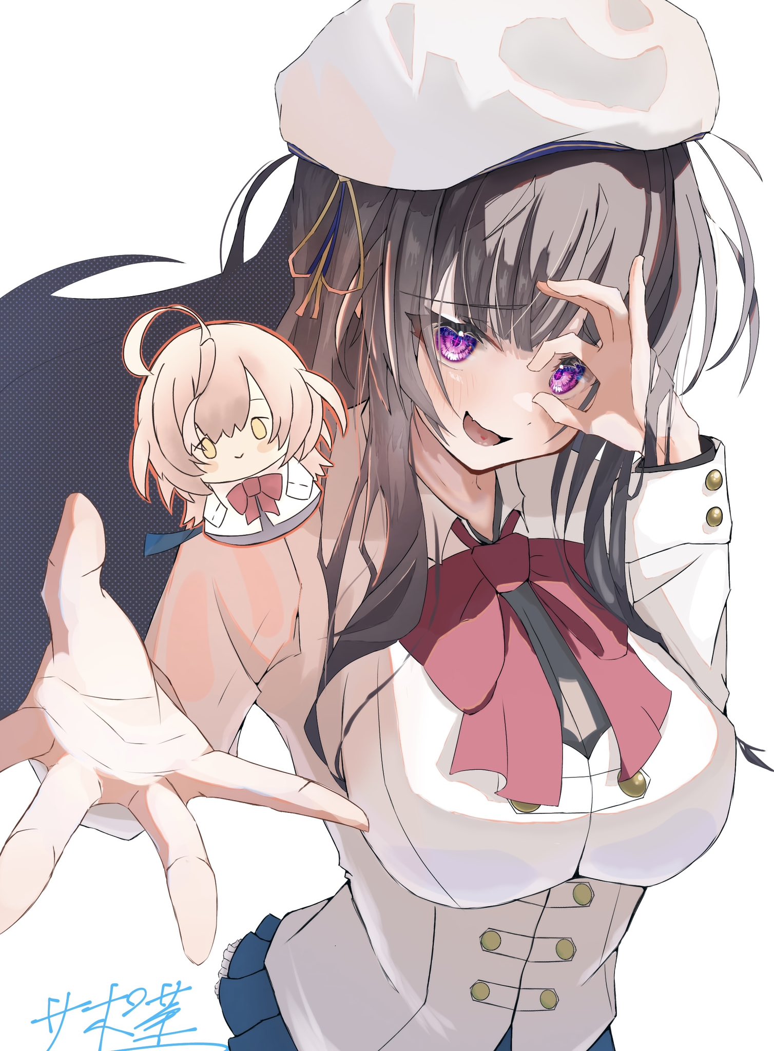 racing sanpo chadoubu, morimoto yuni, sasaki ran, assault lily, commentary request, highres, + +, 1girl, artist name, beret, black hair, black shirt, blue skirt, blush, bow, bowtie, breasts, character doll, doll, fang, floating hair, frilled skirt, frills, hands up, hat, hat ribbon, herensuge girls academy school uniform, jacket, large breasts, long hair, long sleeves, looking at viewer, ok sign, ok sign over eye, open hand, open mouth, pleated skirt, purple eyes, reaching, reaching towards viewer, red bow, red bowtie, ribbon, school uniform, shirt, sidelocks, simple background, skin fang, skirt, smile, solo, standing, upper body, very long hair, wavy mouth, white background, white hat, white jacket, yellow ribbon