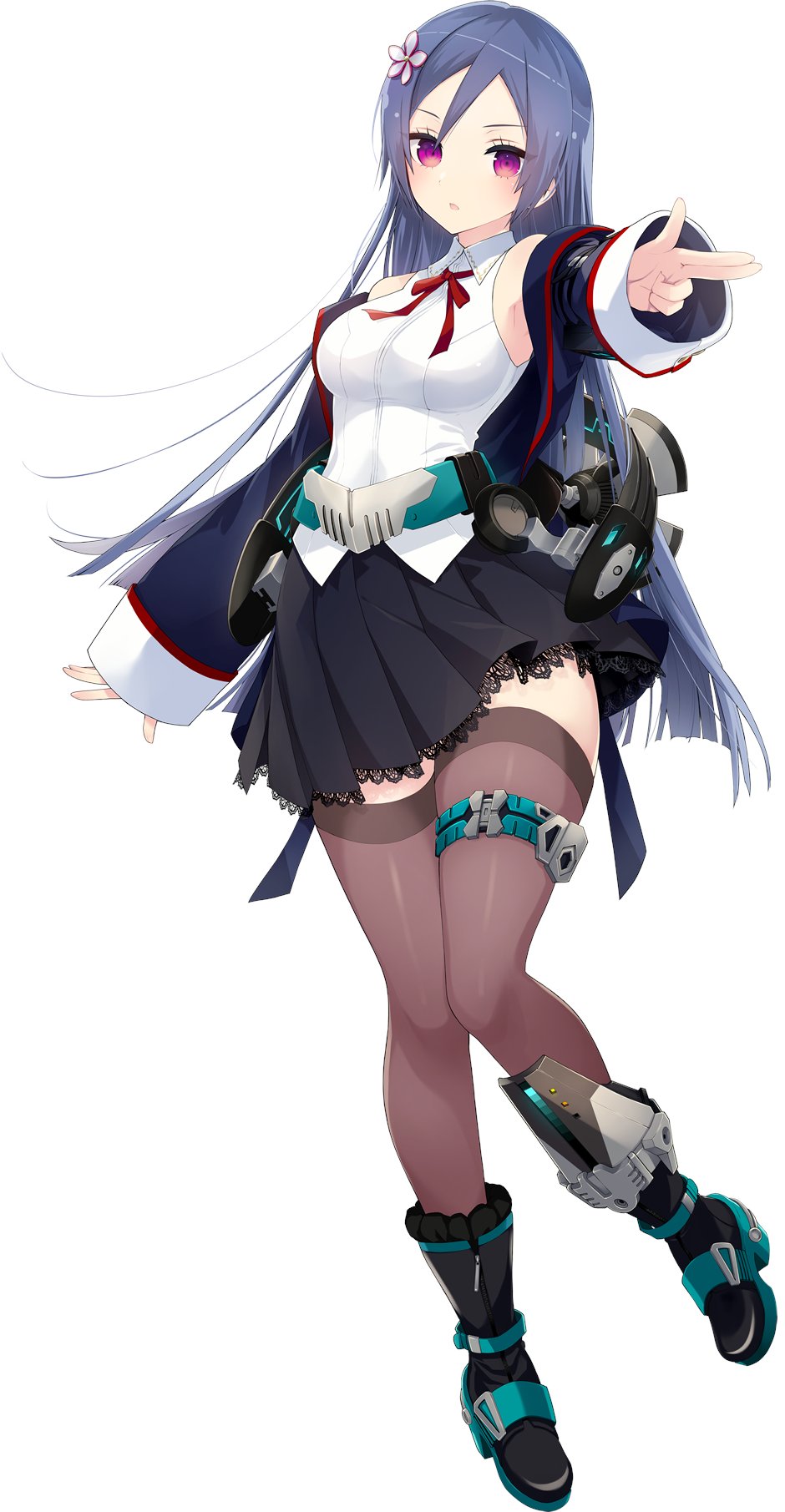 assault lily, highres, official art, 1girl, akashi manaka, aqua belt, aqua boots, arm at side, bare shoulders, belt, black boots, black skirt, blue hair, blunt ends, blush, boots, breasts, brown thighhighs, collared shirt, cropped jacket, finger gun, flower, full body, hair flower, hair ornament, hand up, knees together feet apart, lace, lace-trimmed skirt, lace trim, long hair, long sleeves, looking at viewer, medium breasts, miniskirt, multicolored boots, neck ribbon, off shoulder, outstretched arm, parted lips, pink eyes, pleated skirt, red ribbon, ribbon, school uniform, shirt, simple background, skirt, sleeves past fingers, sleeves past wrists, solo, standing, standing on one leg, tachi-e, thighhighs, two-tone boots, very long hair, white background, white flower, white shirt, wide sleeves, yurigaoka girls academy school uniform, zettai ryouiki
