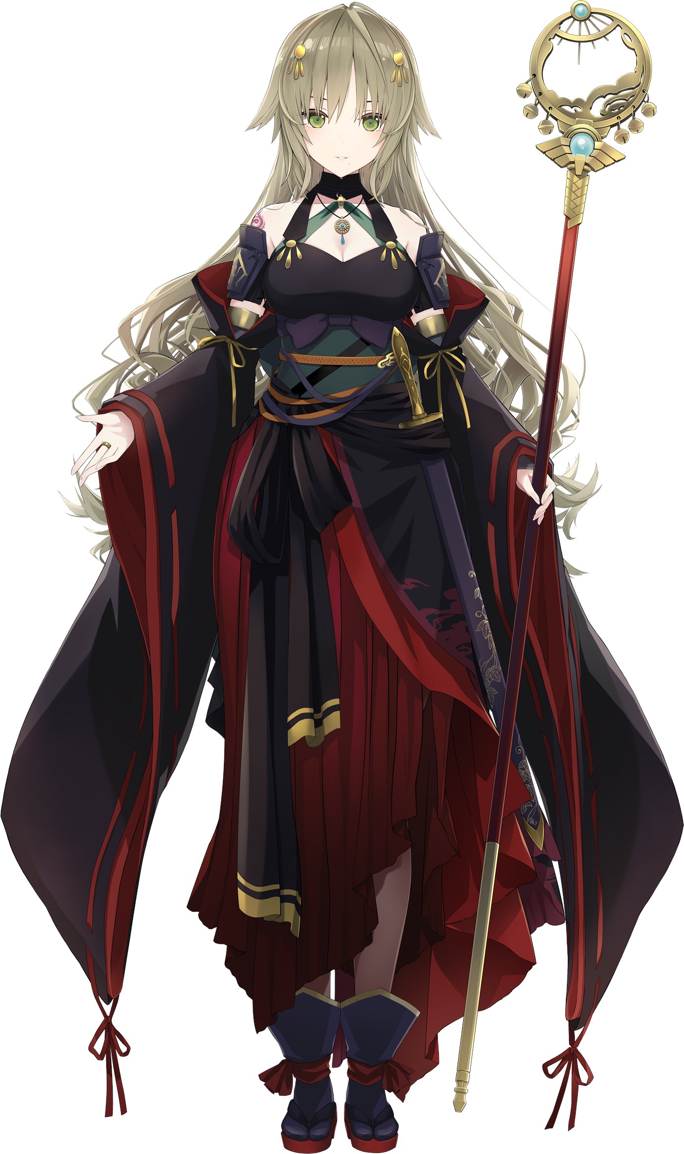 assault lily, highres, official art, 1girl, bare shoulders, black kimono, breasts, brown hair, brown pantyhose, cleavage, detached sleeves, full body, green eyes, hair between eyes, hair ornament, halterneck, hands up, holding, holding staff, japanese clothes, jewelry, jika-tabi, kannagi (assault lily), kimono, kimono skirt, long hair, long sleeves, looking at viewer, medium breasts, necklace, pantyhose, parted lips, pendant, ribbon-trimmed sleeves, ribbon trim, ring, sash, shoulder tattoo, simple background, sleeveless, sleeveless kimono, smile, solo, staff, standing, tachi-e, tattoo, very long hair, wavy hair, white background, wide sleeves, yin yang, yin yang tattoo