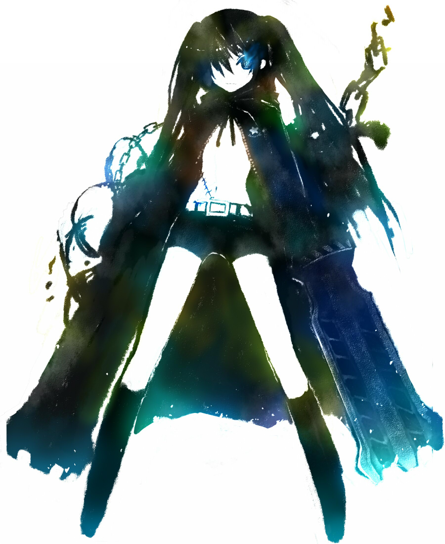 tsuchiya akira, black rock shooter (character), black rock shooter, vocaloid, bad id, bad pixiv id, 10s, 1girl, arm cannon, belt, black hair, boots, chain, female focus, full body, glowing, glowing eyes, knee boots, midriff, monochrome, solo, spot color, star (symbol), weapon