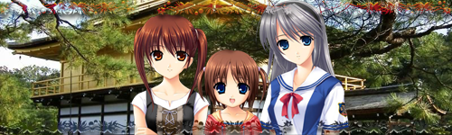 kanako (clannad), mishima tomo, sakagami tomoyo, clannad, tomoyo after, silver hair, lowres, 00s, 3girls, banner, blue eyes, brown eyes, brown hair, child, key, key girls fc, multiple girls, school uniform, smile, temple, tree