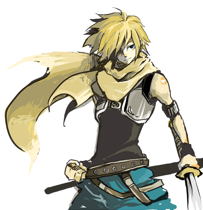 uzaki (jiro), zuro, byuu, bahamut lagoon, bad id, bad pixiv id, 1boy, blonde hair, male focus, scarf, simple background, solo, sword, weapon, white background