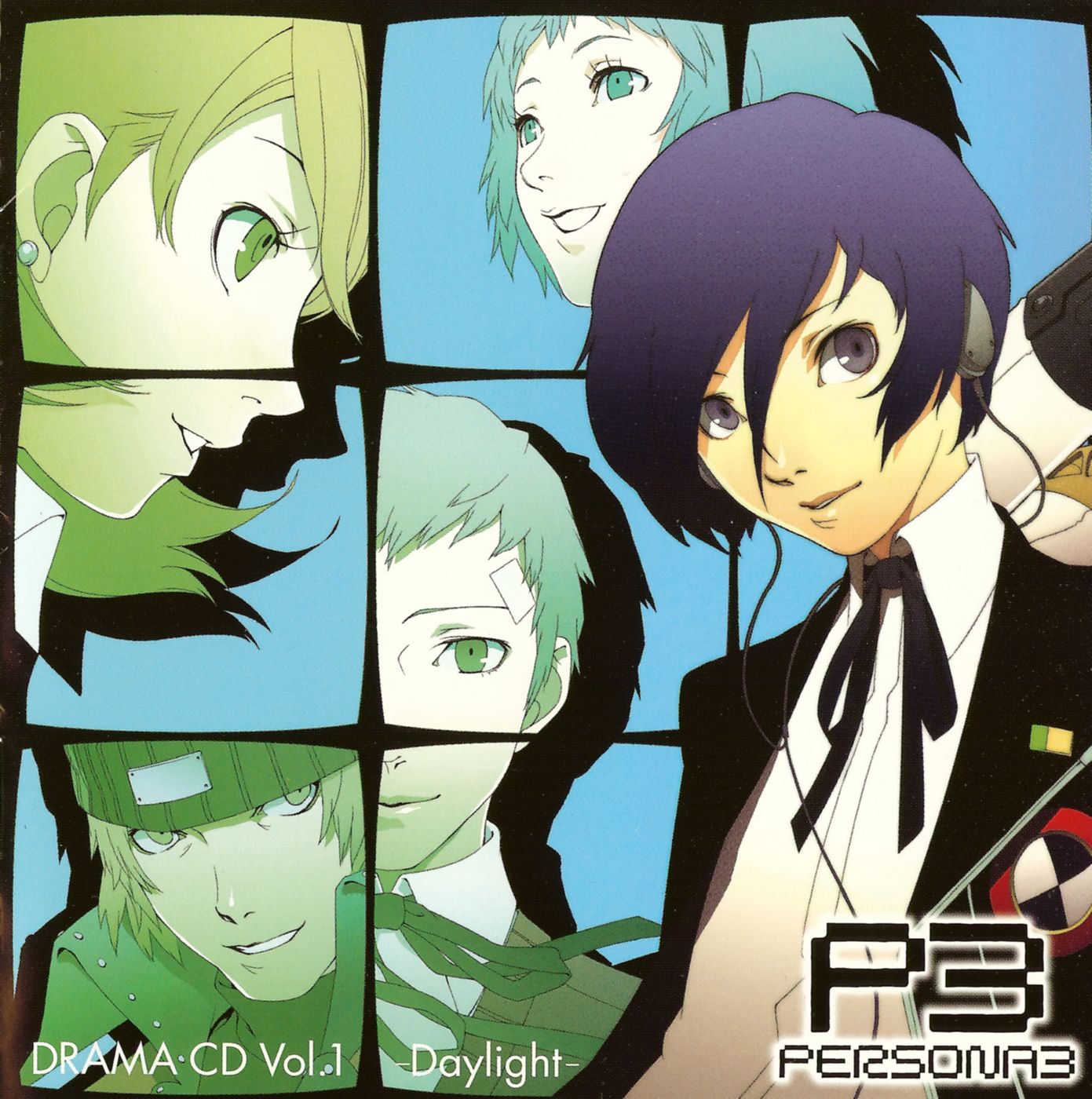 soejima shigenori, aragaki shinjirou, sanada akihiko, takeba yukari, yamagishi fuuka, yuuki makoto (persona 3), atlus, persona, persona 3, highres, scan, 2girls, 3boys, aqua hair, beanie, blue hair, brown eyes, brown hair, hat, headphones, multiple boys, multiple girls, school uniform, smile