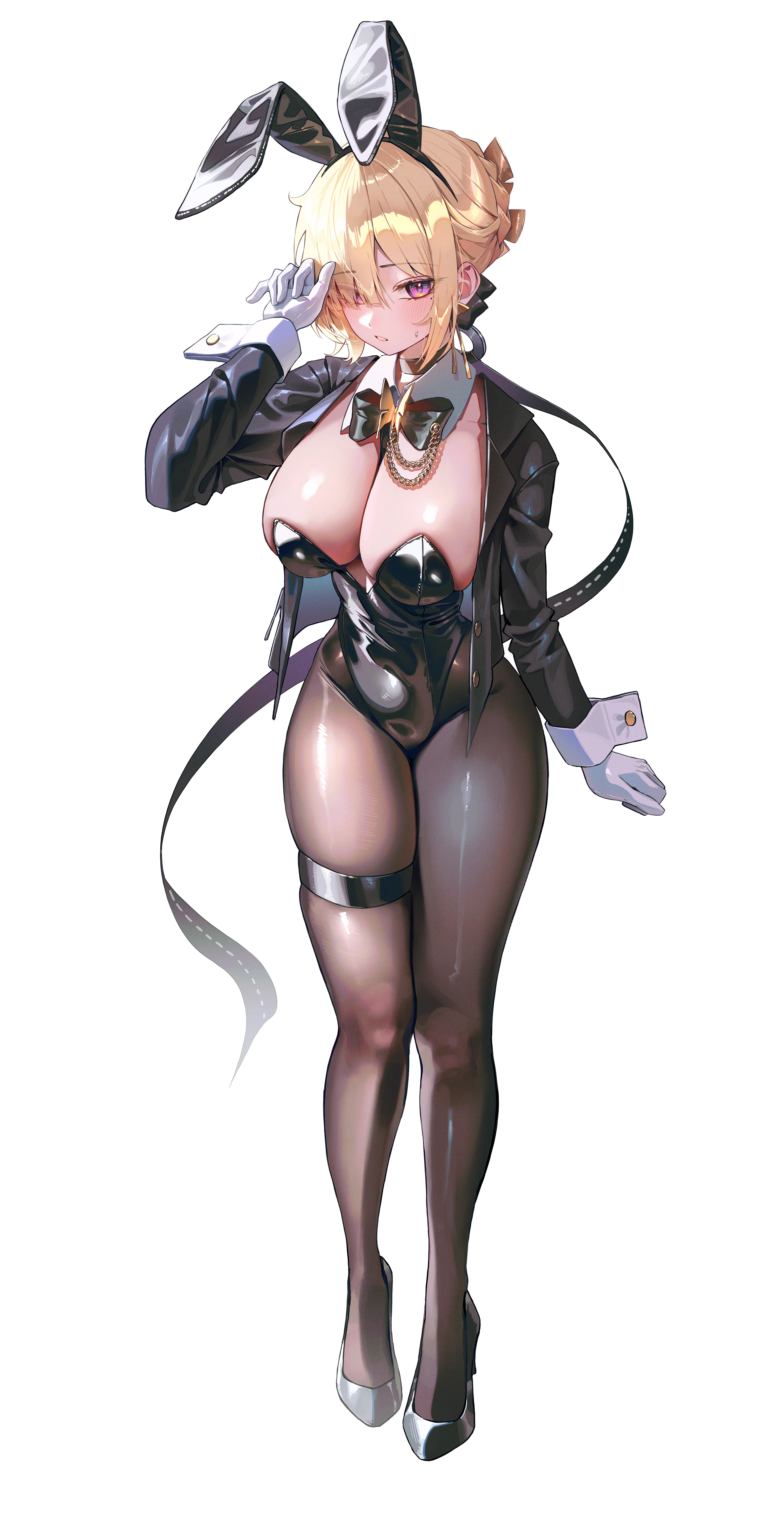 domi (hongsung0819), evelyn chevalier, zenless zone zero, absurdres, commentary, english commentary, highres, 1girl, alternate costume, animal ear hairband, animal ears, black choker, black jacket, black leotard, black shoes, blonde hair, blush, breasts, butterfly ornament, choker, cleavage, collar, detached collar, earrings, fake animal ears, full body, gloves, hair over one eye, hair up, hairband, hand up, high heels, highleg, highleg leotard, jacket, jewelry, large breasts, legs, leotard, long ribbon, looking at viewer, mole, mole under eye, pantyhose, parted lips, playboy bunny, pumps, purple eyes, rabbit ear hairband, rabbit ears, ring hair ornament, shoes, simple background, skindentation, solo, sweatdrop, thigh strap, thighs, uneven bangs, white background, white collar, white gloves, white wrist cuffs, wrist cuffs