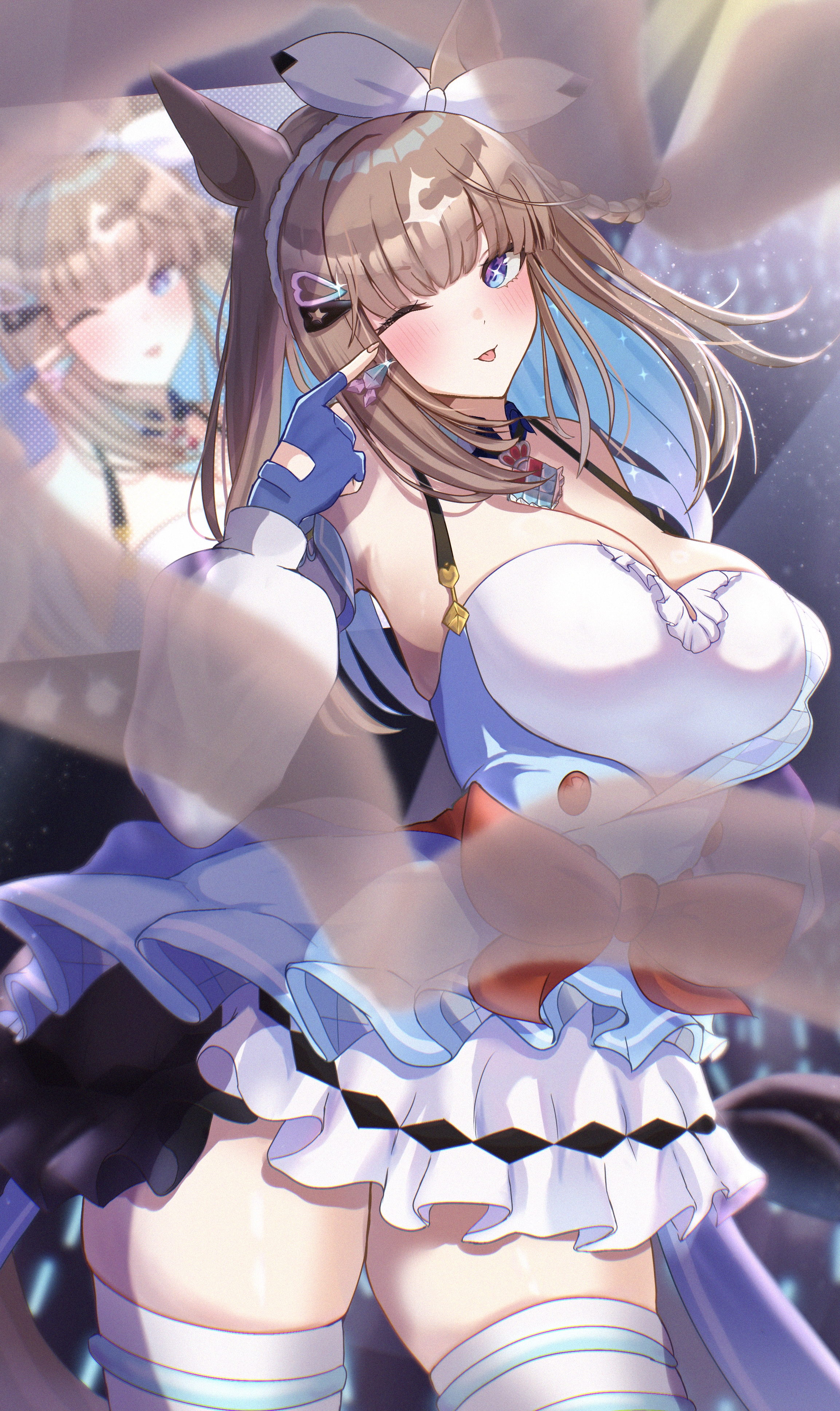 kaniitama, almond eye (umamusume), umamusume, absurdres, commentary request, highres, 1girl, animal ears, blue eyes, blue gloves, blue hair, blush, bow, bow hairband, breasts, brown hair, cleavage, dress, fingerless gloves, frilled dress, frills, gloves, hairband, horse ears, horse girl, horse tail, index finger raised, large breasts, long hair, looking at viewer, pointing, pointing at self, skindentation, smile, tail, thick thighs, thighs, tongue, tongue out, too many hair ornaments, white bow, white dress