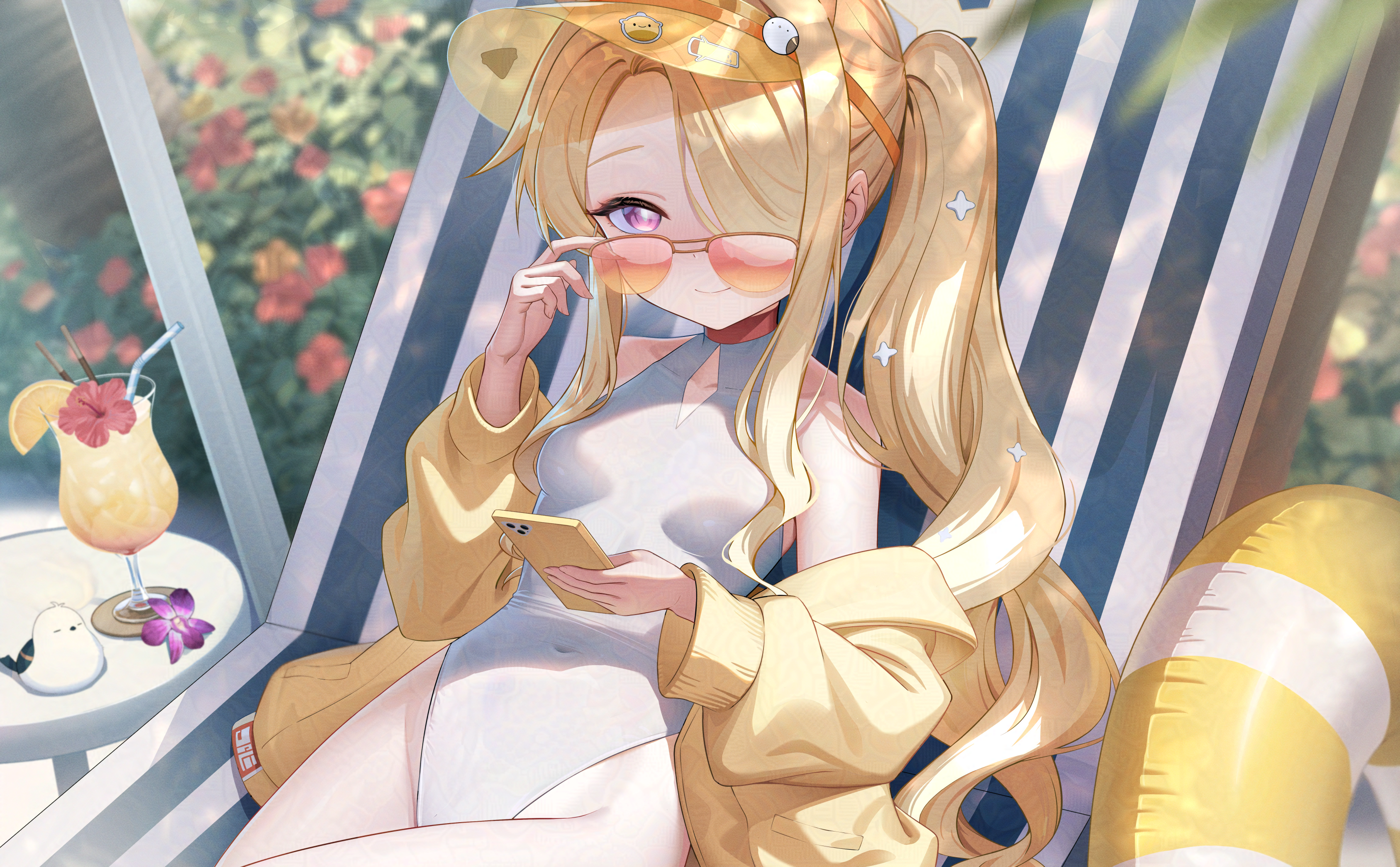 sion (9117), seia (blue archive), seia (swimsuit) (blue archive), blue archive, commentary request, highres, revision, 1girl, adjusting eyewear, bare shoulders, blonde hair, breasts, cellphone, closed mouth, covered navel, hair over one eye, highleg, highleg one-piece swimsuit, holding, holding phone, jacket, long hair, looking at viewer, official alternate costume, official alternate hairstyle, one-piece swimsuit, open clothes, open jacket, orange-tinted eyewear, phone, pink eyes, side ponytail, sitting, small breasts, smartphone, smile, solo, sunglasses, swimsuit, tinted eyewear, visor cap, white one-piece swimsuit, yellow jacket