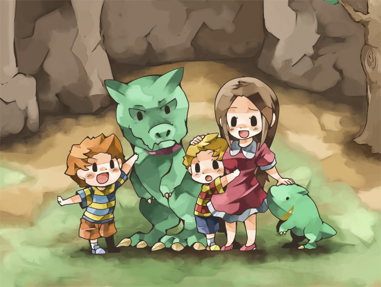 claus (mother 3), hinawa, lucas (mother 3), mother (series), mother 3, nintendo, bad id, bad pixiv id, 1girl, 2boys, black eyes, blonde hair, brown hair, hug, long hair, multiple boys, quiff, smile
