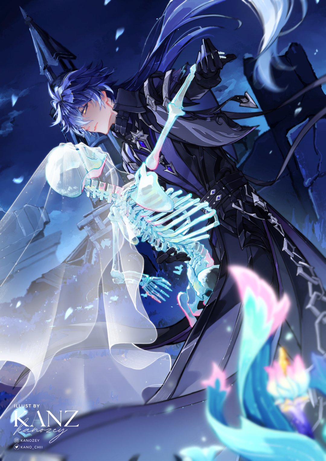 kanz (kanziepooh), flins (genshin impact), genshin impact, commentary, english commentary, highres, 1boy, antenna hair, artist name, belt, black belt, black capelet, black coat, black gloves, blue flower, blue hair, blurry, blurry foreground, capelet, closed mouth, coat, collared capelet, crossed bangs, dancing, floating hair, flower, gloves, gradient hair, grass, grey pants, hair between eyes, holding hands, instagram logo, instagram username, long hair, long sleeves, male focus, multicolored hair, night, outdoors, outstretched arm, pants, petals, pink flower, purple shirt, ruins, shirt, signature, skeleton, solo, tombstone, tower, twitter logo, twitter username, veil, very long hair, watermark, yellow eyes
