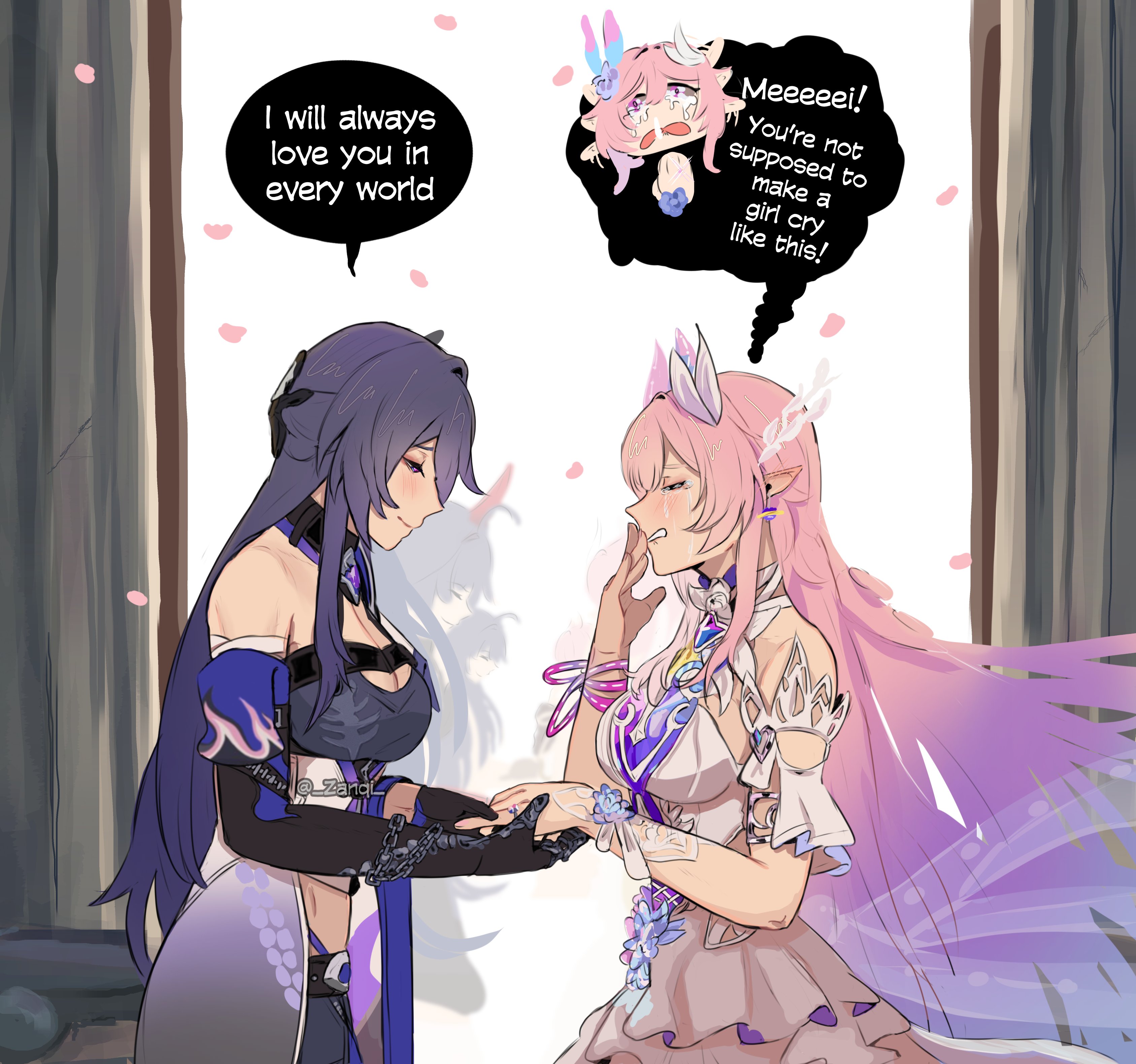 zanqi, acheron (honkai: star rail), cyrene (honkai: star rail), cyrene (ripples of past reverie) (honkai: star rail), elysia (honkai impact), inoue marina, raiden mei, raiden mei (herrscher of thunder), sawashiro miyuki, honkai: star rail, honkai (series), honkai impact 3rd, absurdres, commentary, english commentary, highres, 2girls, asymmetrical gloves, bare shoulders, black gloves, blush, breasts, chain, chain around arm, cleavage, closed mouth, crying, dress, earrings, elbow gloves, english text, gloves, gradient hair, hair ornament, hand up, in-franchise crossover, jewelry, long hair, look-alike, medium breasts, multicolored hair, multiple girls, name connection, pink hair, pink petals, pointy ears, purple eyes, purple hair, ring, single elbow glove, smile, taking another's hand, uneven gloves, very long hair, voice actor connection, white dress, yanning, yuri