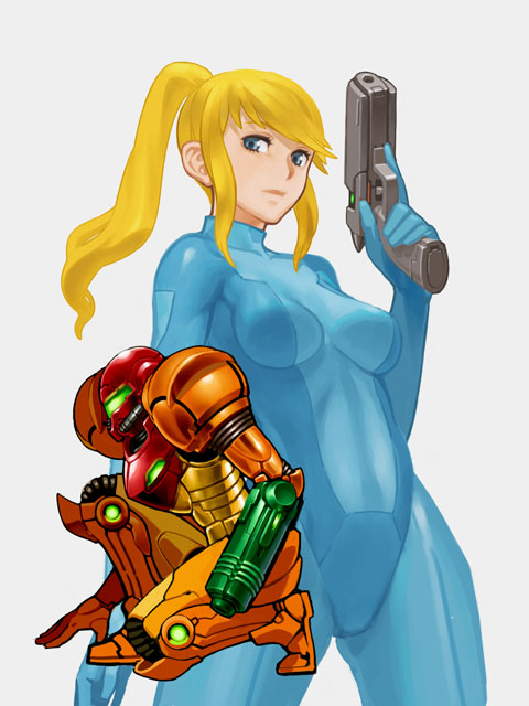 samus aran, metroid, nintendo, 1girl, artistic error, blonde hair, blue eyes, bodysuit, female focus, gun, ponytail, power suit (metroid), solo, varia suit, weapon, zero suit