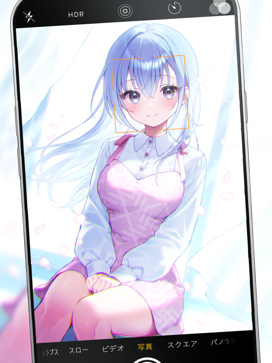 shirasato (phzm8733), suzuki hana, idolmaster, idolmaster shiny colors, commentary request, highres, 1girl, blue hair, closed mouth, dress, fake phone screenshot, fake screenshot, long hair, long sleeves, looking at viewer, pinafore dress, pink dress, puffy long sleeves, puffy sleeves, purple eyes, shirt, sitting, sleeveless, sleeveless dress, smile, solo, v arms, white shirt
