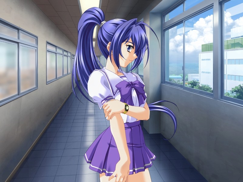 baka ouji persia, hayase mitsuki, kimi ga nozomu eien, game cg, non-web source, 00s, 1girl, blue eyes, blue hair, female focus, long hair, matching hair/eyes, ponytail, profile, school uniform, solo, watch, wristwatch
