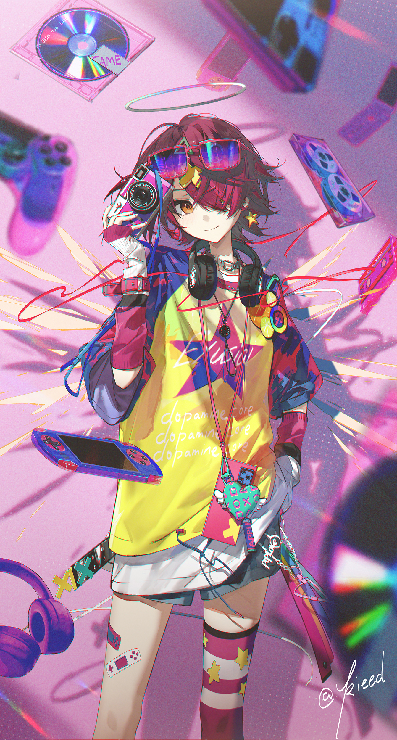 kieed, exusiai (arknights), arknights, absurdres, highres, 1girl, bandaid, bandaid on leg, blue-tinted eyewear, blue shorts, blue sleeves, brown eyes, camera, closed mouth, eyewear on head, hair over one eye, halo, hand in pocket, headphones, headphones around neck, holding, holding camera, looking at viewer, pink arm warmers, pink thighhighs, red hair, shirt, short hair, shorts, single thighhigh, smile, solo, thighhighs, tinted eyewear, yellow shirt