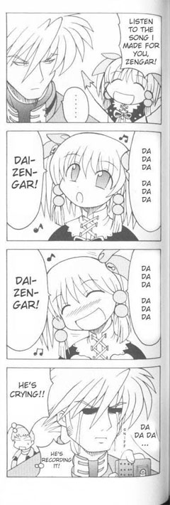 amuro ray, irui guneden, sanger zonvolt, banpresto, super robot wars, yuusha ou gaogaigar, yuusha series, hard-translated, third-party edit, 1girl, 2boys, 4koma, comic, english text, greyscale, monochrome, multiple boys, music, parody, singing, tears