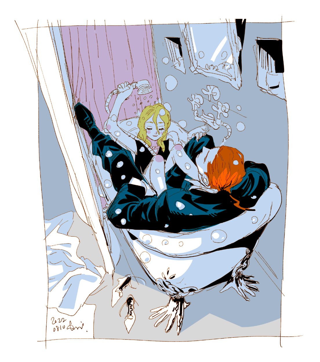 kotteri, alexander (veil), emma (veil), veil (manga), highres, 1boy, 1girl, bathtub, between legs, black boots, black dress, black pants, blonde hair, boots, bubble, clothed bath, dress, holding, holding shower head, long hair, mirror, orange hair, pants, ponytail, shared bathing, short hair, short ponytail, shower head