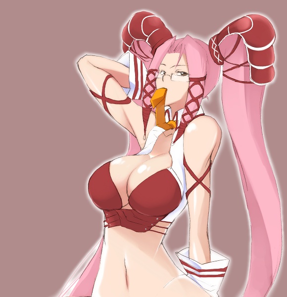 san dai wa jou, pi (.hack//), .hack//, .hack//g.u., bandai, cyber connect 2, bad id, bad pixiv id, 00s, 1girl, breasts, brown eyes, cleavage, female focus, glasses, large breasts, mouth hold, necktie, pink hair, solo, twintails