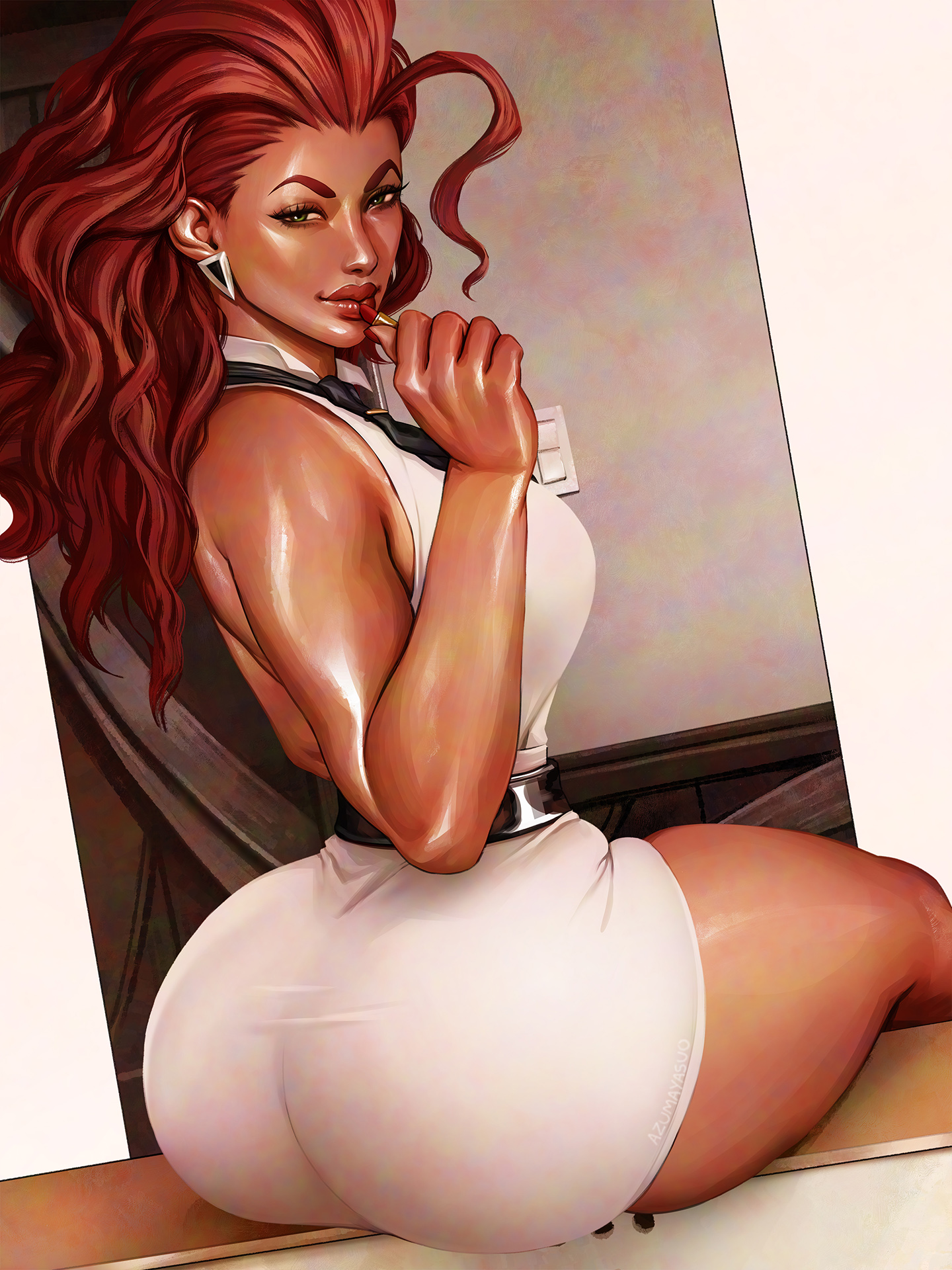 azuma yasuo, crimson viper, street fighter, street fighter 6, highres, 1girl, applying lipstick, applying makeup, applying own makeup, ass, backless outfit, black necktie, cosmetics, dark-skinned female, dark skin, eyelashes, green eyes, hair slicked back, holding, holding lipstick tube, huge ass, lipstick, lipstick tube, looking at viewer, looking back, makeup, necktie, red hair, sitting, skirt, sleeveless, smile, solo, thick thighs, thighs, twisted torso, white skirt