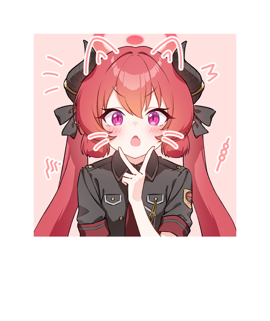 hr.r, junko (blue archive), blue archive, commentary, 1girl, black bow, black horns, black shirt, blunt ends, blush, bow, chestnut mouth, collared shirt, demon girl, demon horns, drawn ears, drawn whiskers, eyelashes, fang, hair between eyes, hair bow, hair intakes, halo, hand up, horns, long hair, looking at viewer, necktie, open mouth, photo (object), pink background, pink eyes, red hair, red halo, red necktie, school uniform, shirt, short sleeves, sidelocks, simple background, skin fang, slit pupils, solo, straight hair, twintails, upper body, v, v-shaped eyebrows, v over mouth