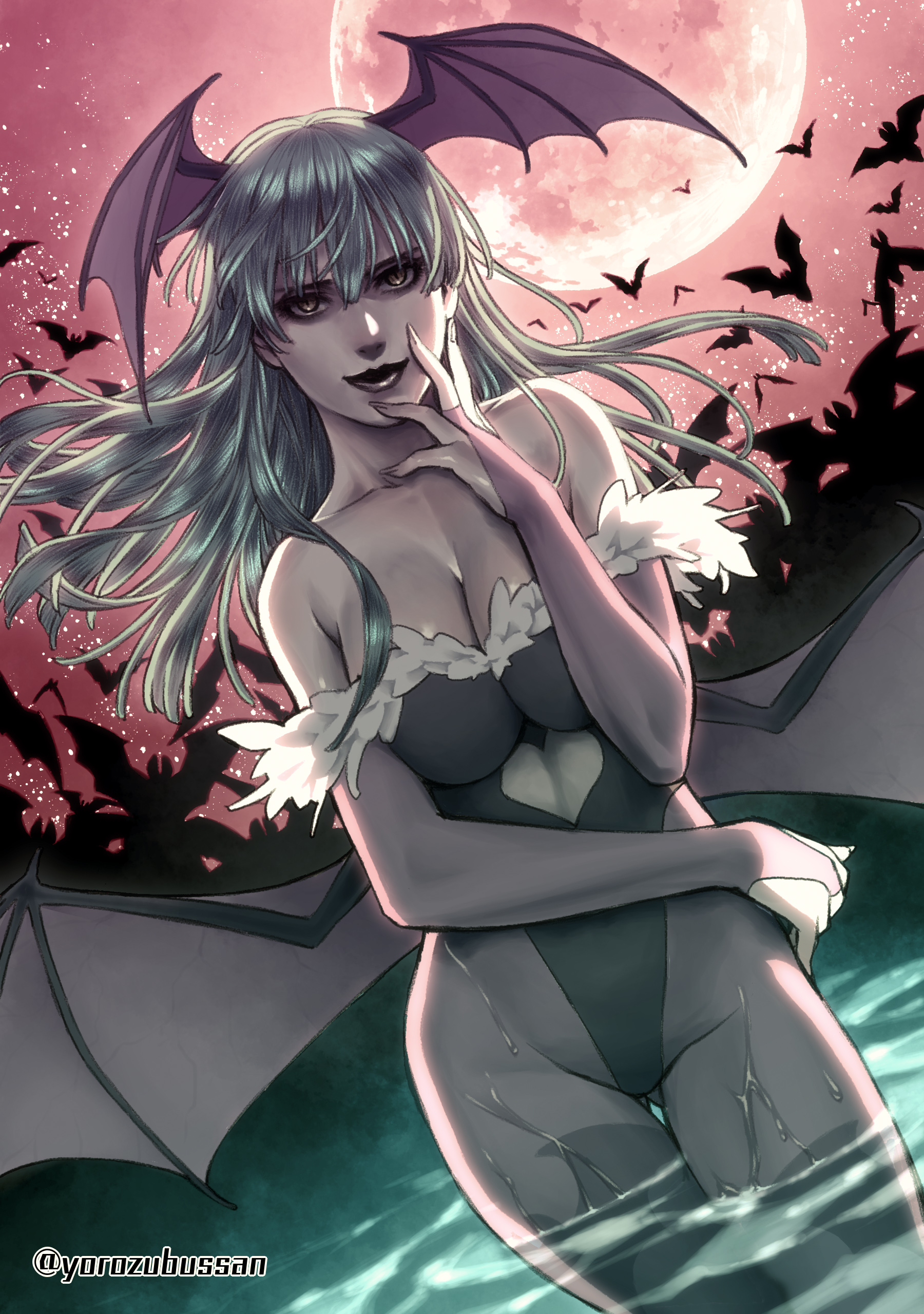 yorozu, morrigan aensland, darkstalkers, absurdres, highres, 1girl, animal print, bare shoulders, bat (animal), bat print, bat wings, black leotard, black lips, breasts, bridal gauntlets, cleavage, clothing cutout, demon girl, full moon, green hair, hair between eyes, hand on own face, head wings, highleg, highleg leotard, large breasts, leotard, long hair, looking at viewer, low wings, moon, night, pantyhose, print pantyhose, smile, solo, stomach cutout, twitter username, wading, wings