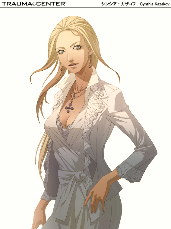 doi masayuki, cynthia kazakov, chou shittou caduceus, official art, 1girl, blonde hair, breasts, cleavage, dress, earrings, female focus, grey eyes, hand on own hip, hip focus, jewelry, long hair, necklace, simple background, solo, white dress