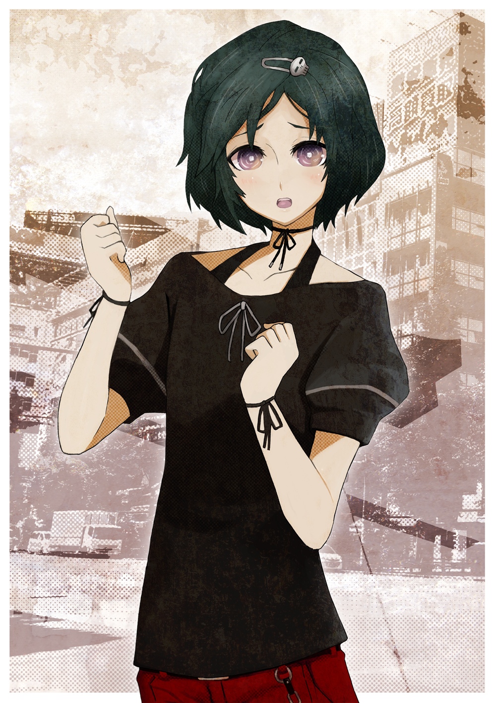 secretter, urushibara luka, science adventure, steins;gate, highres, non-web source, 1boy, akihabara (tokyo), belt, black belt, black hair, black ribbon, black shirt, blush, bob cut, bracelet, casual, chain, choker, clenched hands, collarbone, goth fashion, hair ornament, hairclip, jewelry, open mouth, outdoors, pink eyes, puffy short sleeves, puffy sleeves, red shorts, ribbon, ribbon choker, shirt, short hair, short sleeves, shorts, skull hair ornament, solo, square pupils, tank top, teeth, tongue, trap, upper teeth only, white ribbon