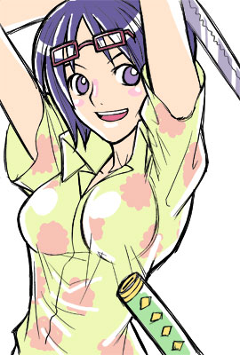tashigi, one piece, lowres, 1girl, blue eyes, blue hair, breasts, female focus, glasses, katana, matching hair/eyes, shigure (one piece), simple background, smile, solo, sword, weapon