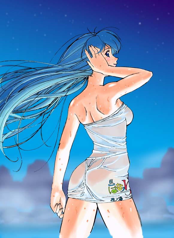 jpeg artifacts, ass, blue eyes, blue hair, hand on own head, long hair, sky, solo, wet