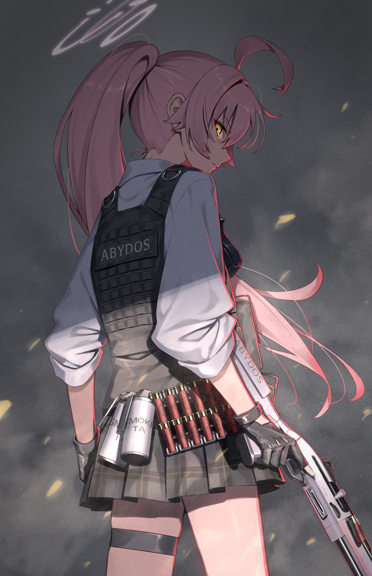 greenkohgen, hoshino (armed) (blue archive), hoshino (blue archive), blue archive, commentary request, highres, 1girl, ahoge, beretta 1301, beretta 92, black background, black gloves, black skirt, black vest, bulletproof vest, closed mouth, fingerless gloves, gloves, gun, hair between eyes, halo, handgun, holding, holding gun, holding weapon, long hair, looking at viewer, orange eyes, pink hair, plaid clothes, plaid skirt, ponytail, profile, school uniform, shirt, shotgun, shotgun shell, simple background, skirt, smoke, smoke grenade, solo, tactical school uniform, thigh strap, trigger discipline, very long hair, vest, weapon, white shirt