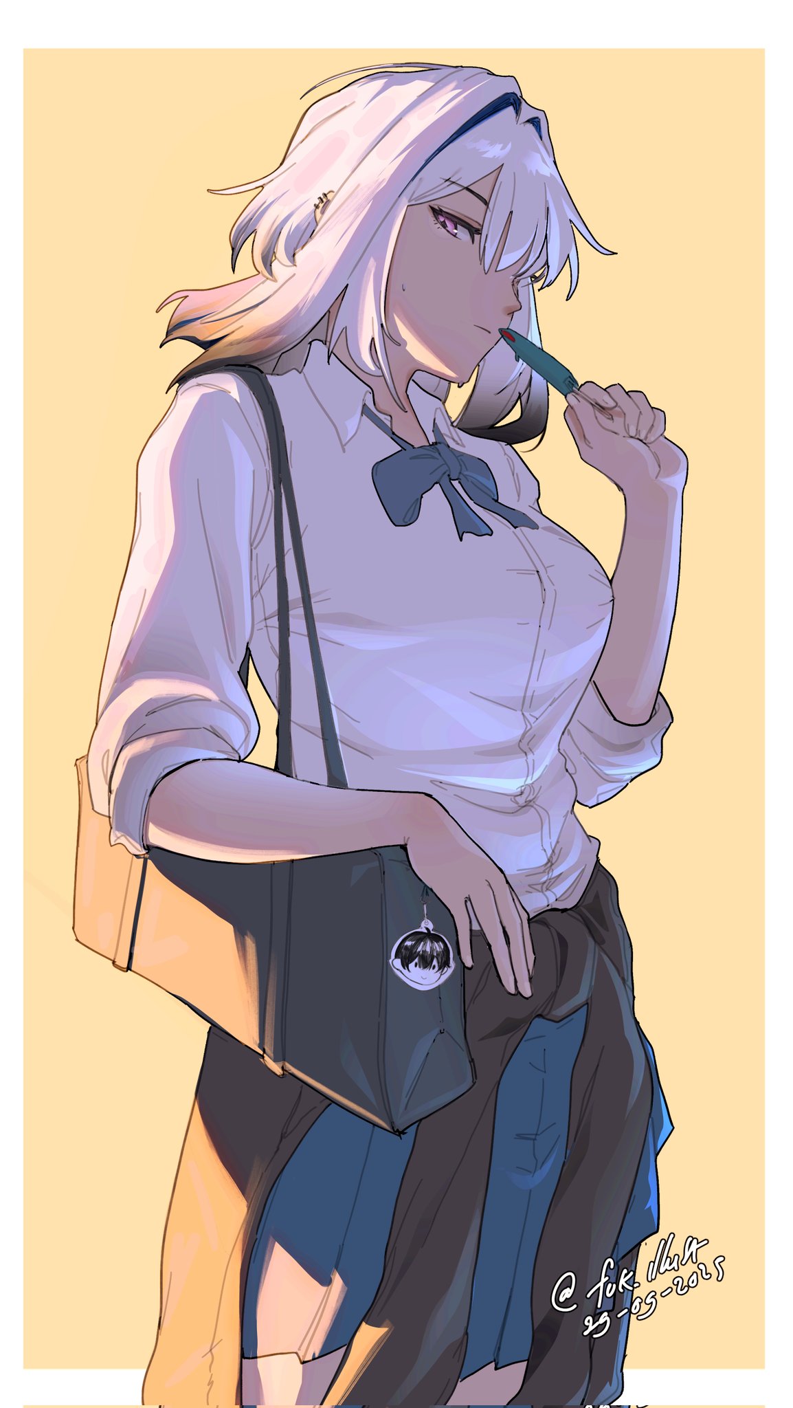 evve (fok illust), galbrena (wuthering waves), male rover (wuthering waves), rover (wuthering waves), wuthering waves, highres, 1girl, bag, bag charm, character charm, charm (object), dated, earrings, jewelry, purple eyes, shoulder bag, simple background, solo, twitter username, yellow background