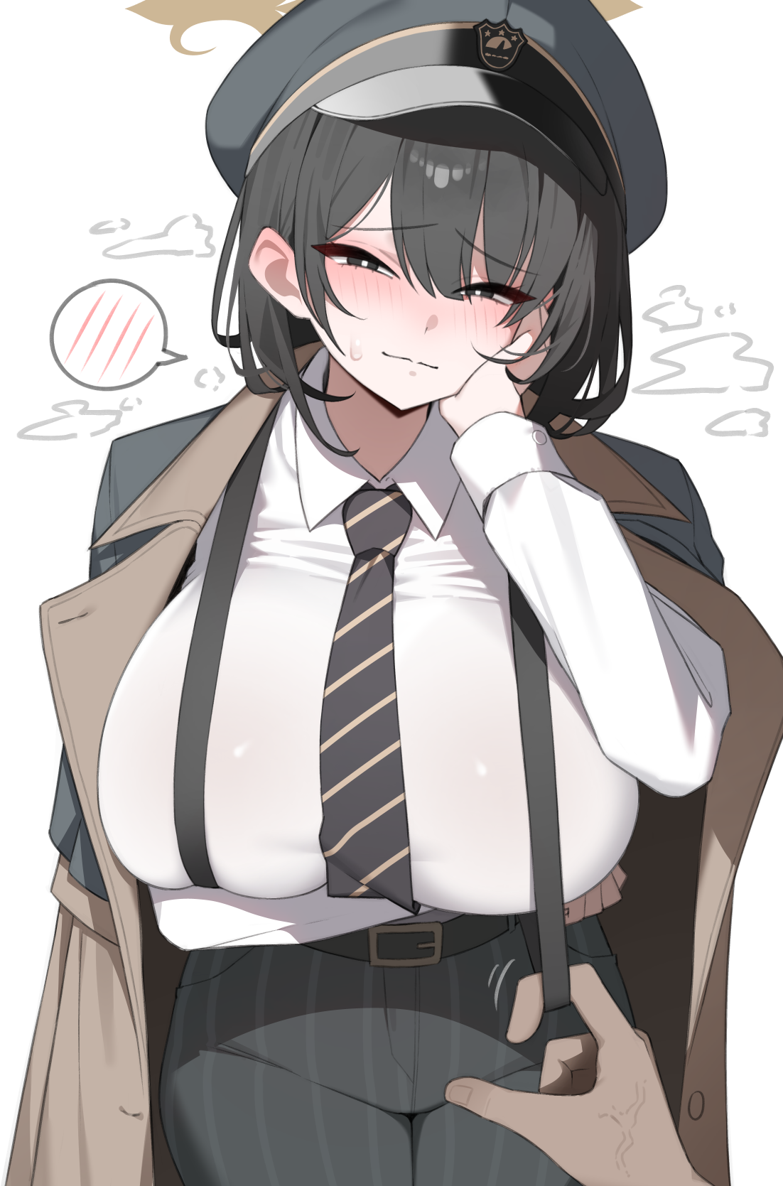yzr (yzr99), blue archive, highres, mixed-language commentary, 1girl, 1other, arm under breasts, belt, black belt, black eyes, black hair, black necktie, blush, breasts, bright pupils, brown cape, cape, hat, hiromi (blue archive), huge breasts, large breasts, long sleeves, looking at viewer, medium hair, military hat, necktie, pants, shirt, simple background, smile, solo focus, striped clothes, striped pants, suspenders pull, vertical-striped clothes, vertical-striped pants, white background, white pupils, white shirt