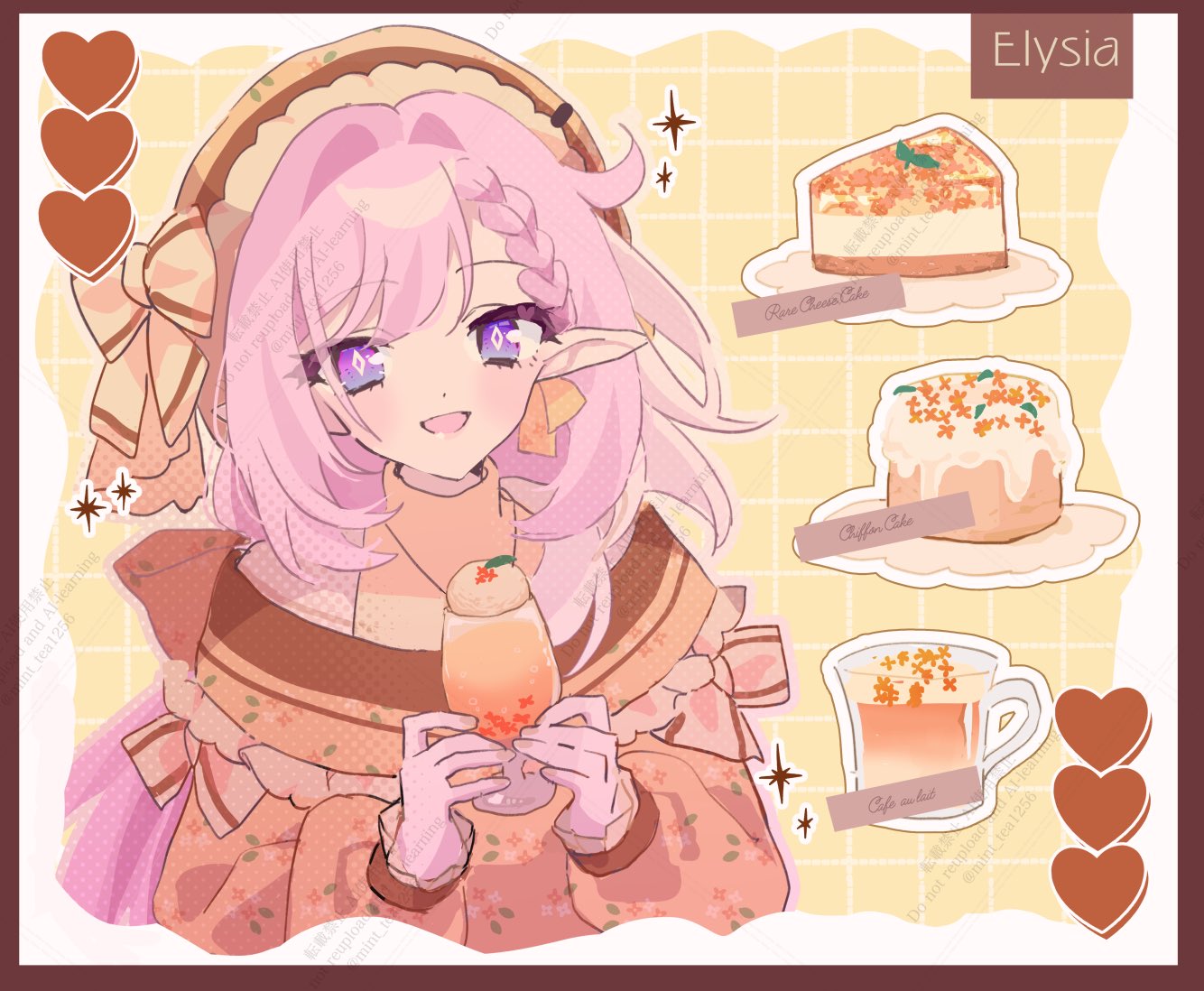kanaria (mint tea1256), elysia (herrscher of human: ego) (honkai impact), elysia (honkai impact), honkai (series), honkai impact 3rd, commentary request, 1girl, alternate costume, beret, cafe au lait, character name, cheesecake, cup, diamond-shaped pupils, diamond (shape), dress, food, grid background, hat, heart, holding, holding cup, long hair, orange dress, pink hair, purple eyes, smile, solo, symbol-shaped pupils, very long hair, yellow background