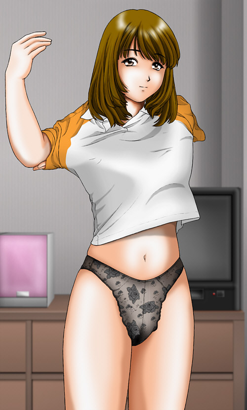 non-web source, black panties, bottomless, brown eyes, brown hair, dressing, midriff, no pants, panties, raglan sleeves, short hair, solo, television, underwear