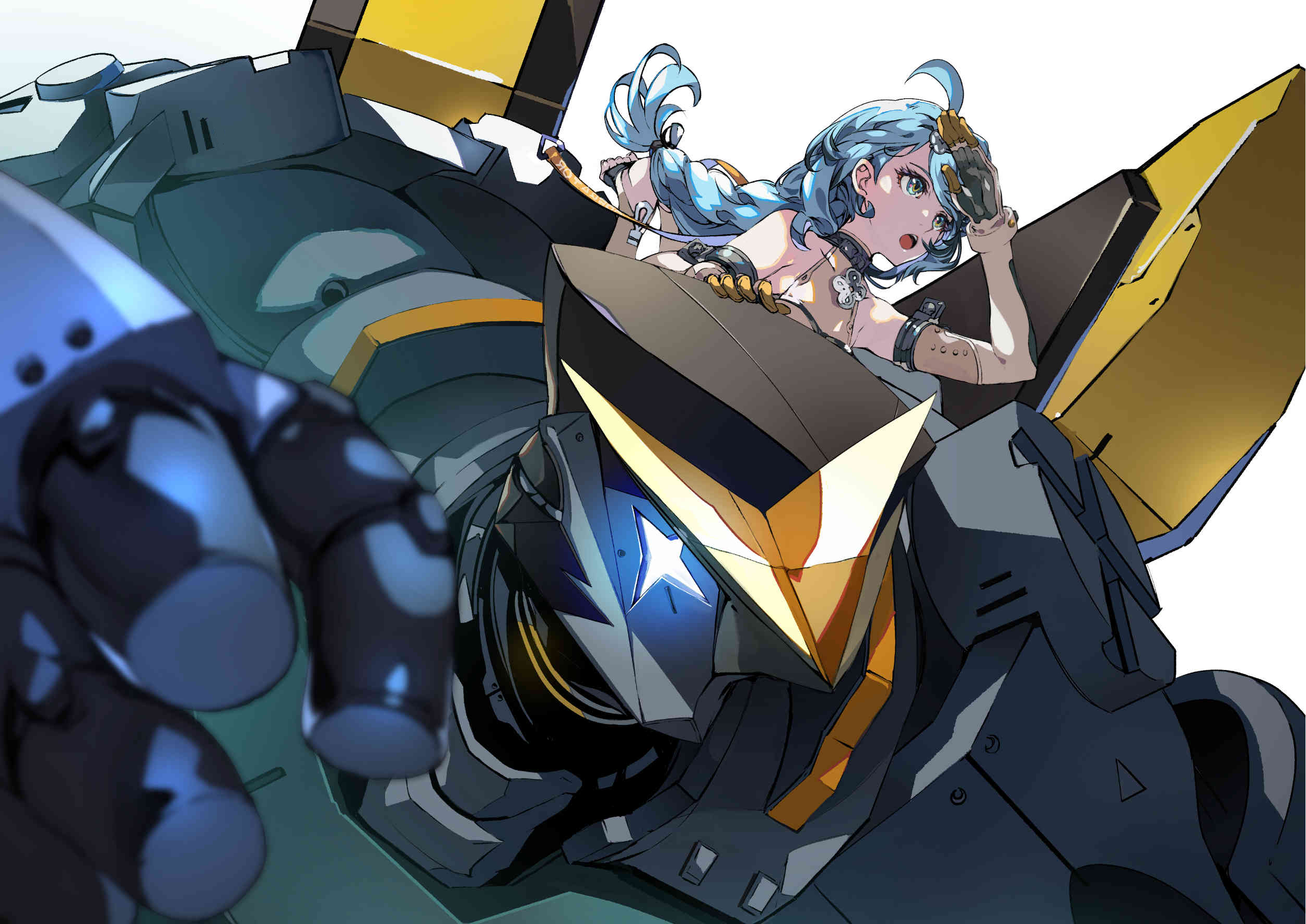 seed (zenless zone zero), seed sr., zenless zone zero, highres, 1girl, 1other, aji 0, bare shoulders, blue eyes, blue hair, detached sleeves, flower hairpin, from side, gloves, glowing, glowing eyes, hair ornament, hairpin, humanoid robot, joints, mecha, mechanical arms, open mouth, ponytail, robot, salute, see-through dress layer, teeth, tongue, upper teeth only, white background, white gloves