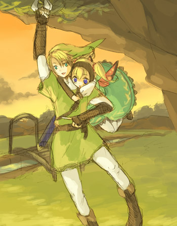 kobayashi kabura, agitha, link, nintendo, the legend of zelda, the legend of zelda: twilight princess, lowres, 1boy, 1girl, blonde hair, blue eyes, gloves, pantyhose, twintails