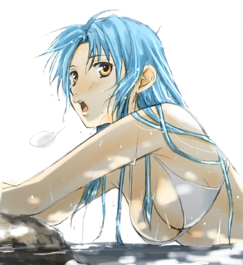 ichijou tenko, chidori kaname, full metal panic!, 00s, 1girl, bikini, blue hair, breasts, cleavage, female focus, large breasts, solo, swimsuit, water, wet