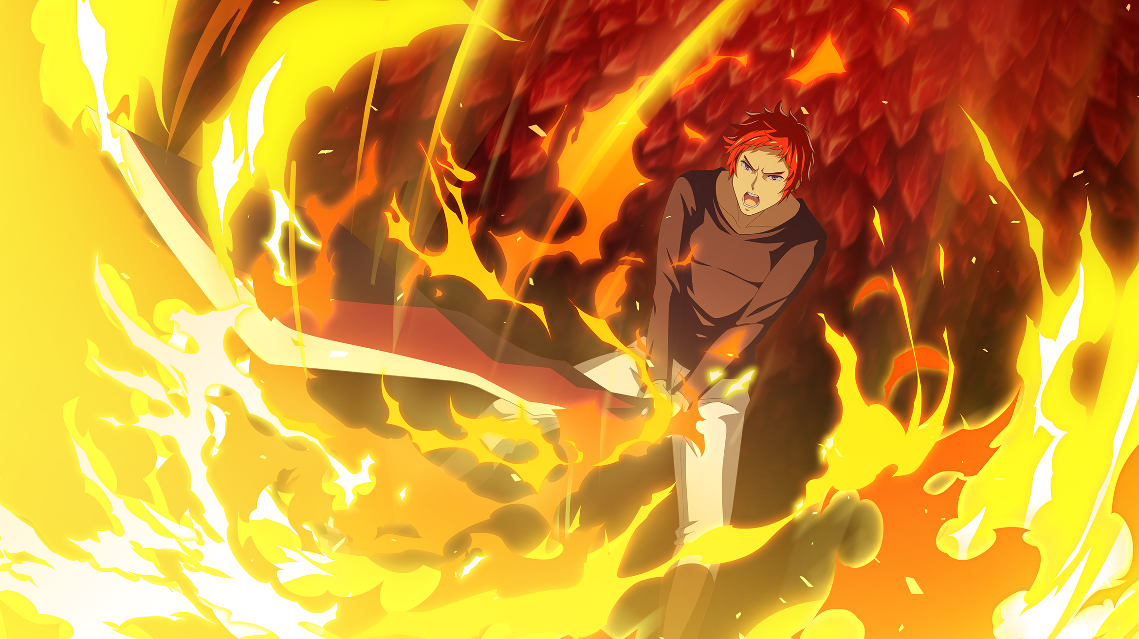 welf crozzo, danmachi battle chronicle, dungeon ni deai wo motomeru no wa machigatteiru darou ka, game cg, highres, non-web source, official art, 1boy, black shirt, cave, fire, grey eyes, holding, holding sword, holding weapon, long sleeves, magic, male focus, open mouth, pants, red hair, shirt, short hair, solo, spiked hair, standing, sword, two-handed, weapon, white pants