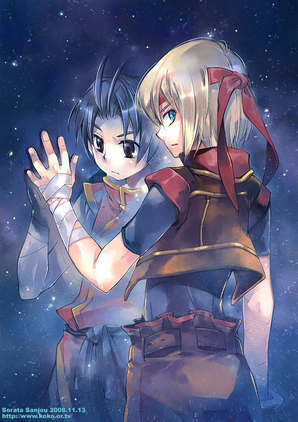 sanjou sorata, lazlo (gensou suikoden), tir mcdohl, gensou suikoden, gensou suikoden i, gensou suikoden ii, gensou suikoden iv, 2boys, antenna hair, arm at side, bandaged arm, bandages, belt, blonde hair, blue eyes, brown shorts, brown vest, cropped vest, from behind, headband, in-franchise crossover, looking at viewer, looking back, male focus, multiple boys, night, night sky, open clothes, open vest, parted lips, profile, purple eyes, red ribbon, ribbon, sash, short hair, short sleeves, shorts, sky, star (sky), starry sky, tabard, vest