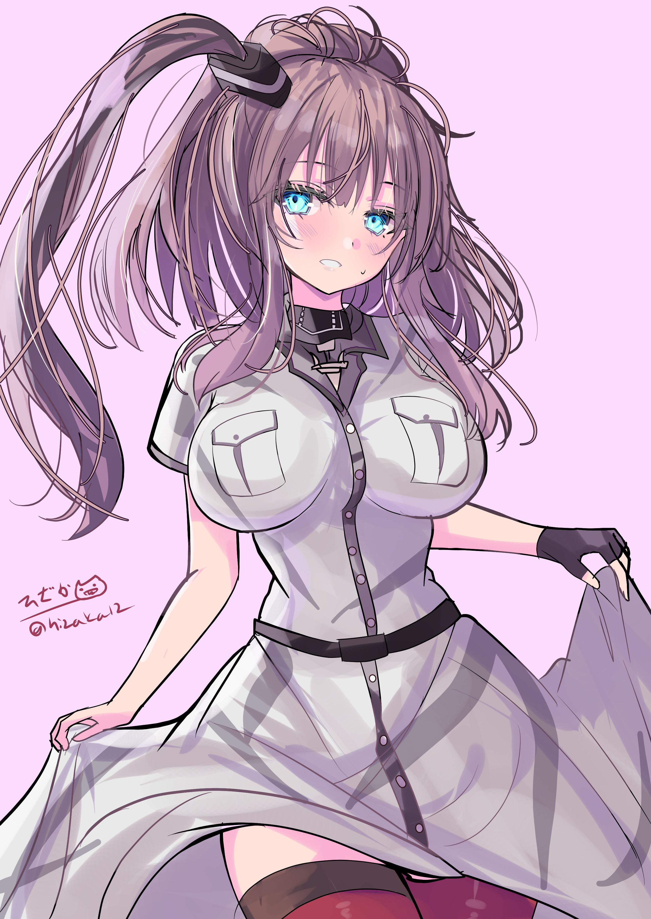 hizaka, saratoga (kancolle), saratoga mk ii (kancolle), kantai collection, absurdres, highres, 1girl, blue eyes, blush, breast pocket, breasts, brown hair, cowboy shot, dress, hair between eyes, hair ornament, high side ponytail, large breasts, long hair, looking at viewer, neckerchief, one-hour drawing challenge, pink background, pocket, ponytail, red neckerchief, red thighhighs, side ponytail, sidelocks, signature, smile, smokestack, solo, thighhighs, twitter username, white dress