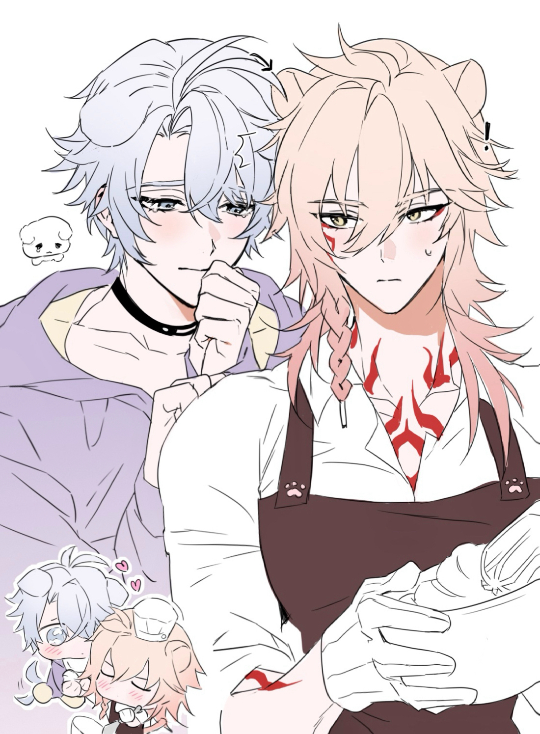 mydei (honkai: star rail), phainon (honkai: star rail), honkai: star rail, honkai (series), chinese commentary, commentary request, highres, 2boys, animal ears, antenna hair, apron, arm tattoo, black apron, black choker, blonde hair, blue eyes, braid, chest tattoo, chibi, choker, collared shirt, dog boy, dog ears, dog tail, facial tattoo, gloves, gradient hair, hood, hood down, hoodie, iknee, lion boy, lion tail, male focus, medium hair, multicolored hair, multiple boys, parted bangs, purple hoodie, red hair, red tattoo, shirt, short hair, side braid, simple background, tail, tail wagging, tattoo, white gloves, white hair, white shirt, yellow eyes