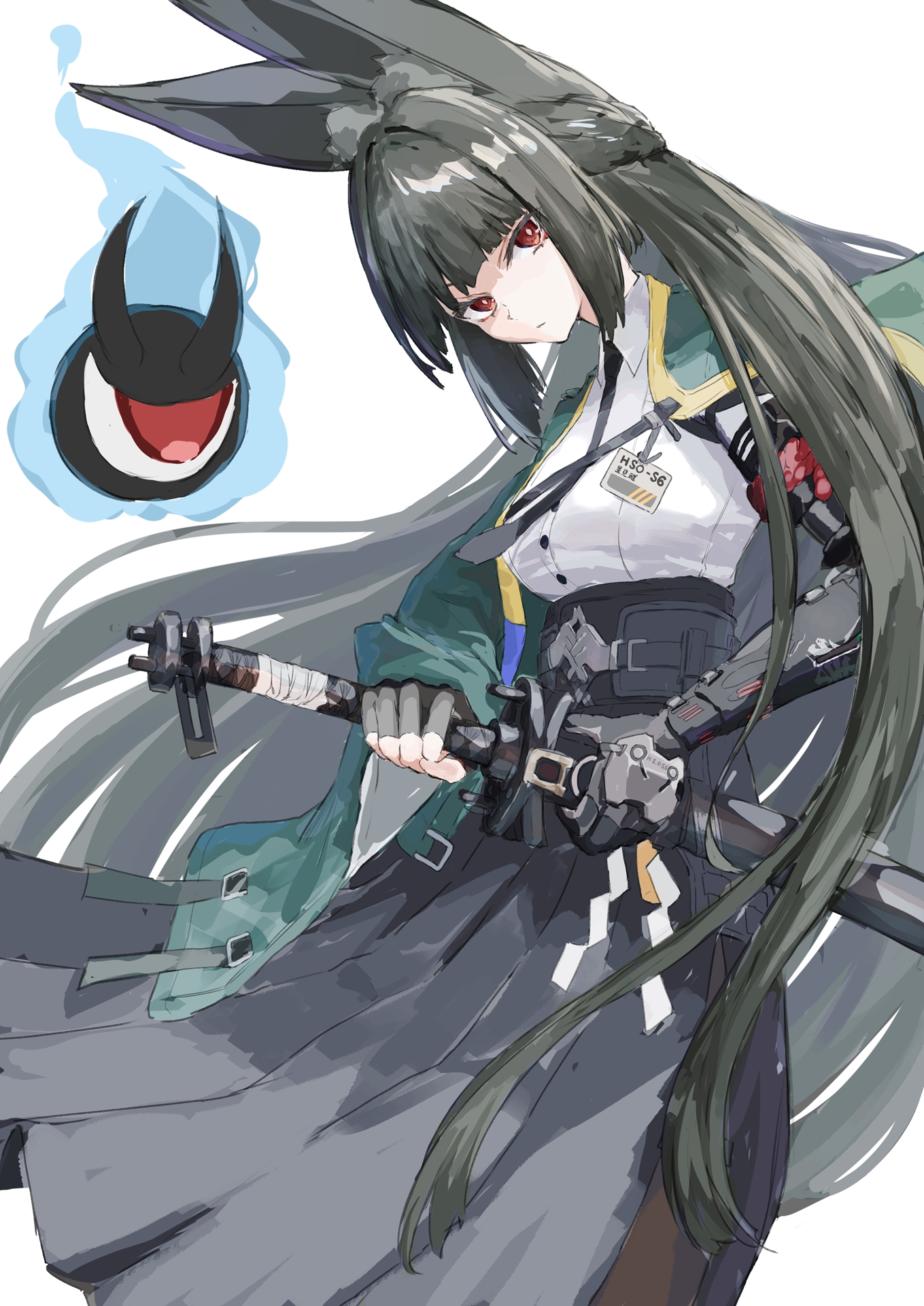kei201107, hoshimi miyabi, tailless (zenless zone zero), zenless zone zero, highres, 1girl, animal ears, black skirt, bright pupils, closed mouth, fox ears, fox girl, holding, holding sheath, holding sword, holding weapon, long hair, looking at viewer, red eyes, sheath, shirt, sidelocks, skirt, solo, sword, very long hair, weapon, white background, white pupils, white shirt